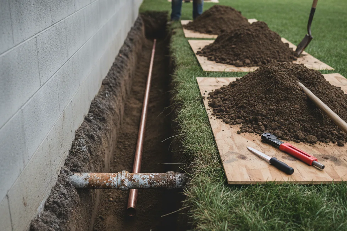 Excavated water line trench during Sewer Line Repair in York